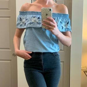 Off The Shoulder Denim Embroidered Top